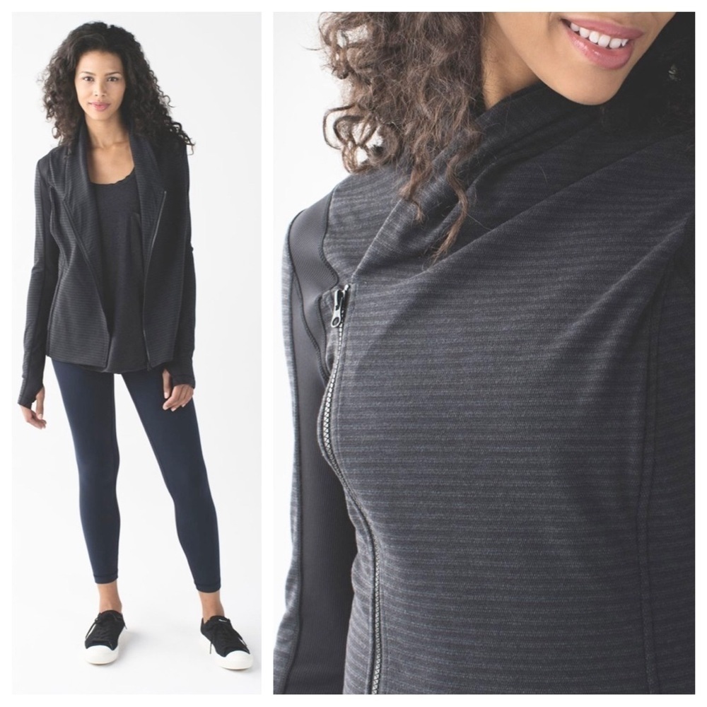 Lululemon stripe gray black pique Bhakti zip jacket asymmetric Luon 10